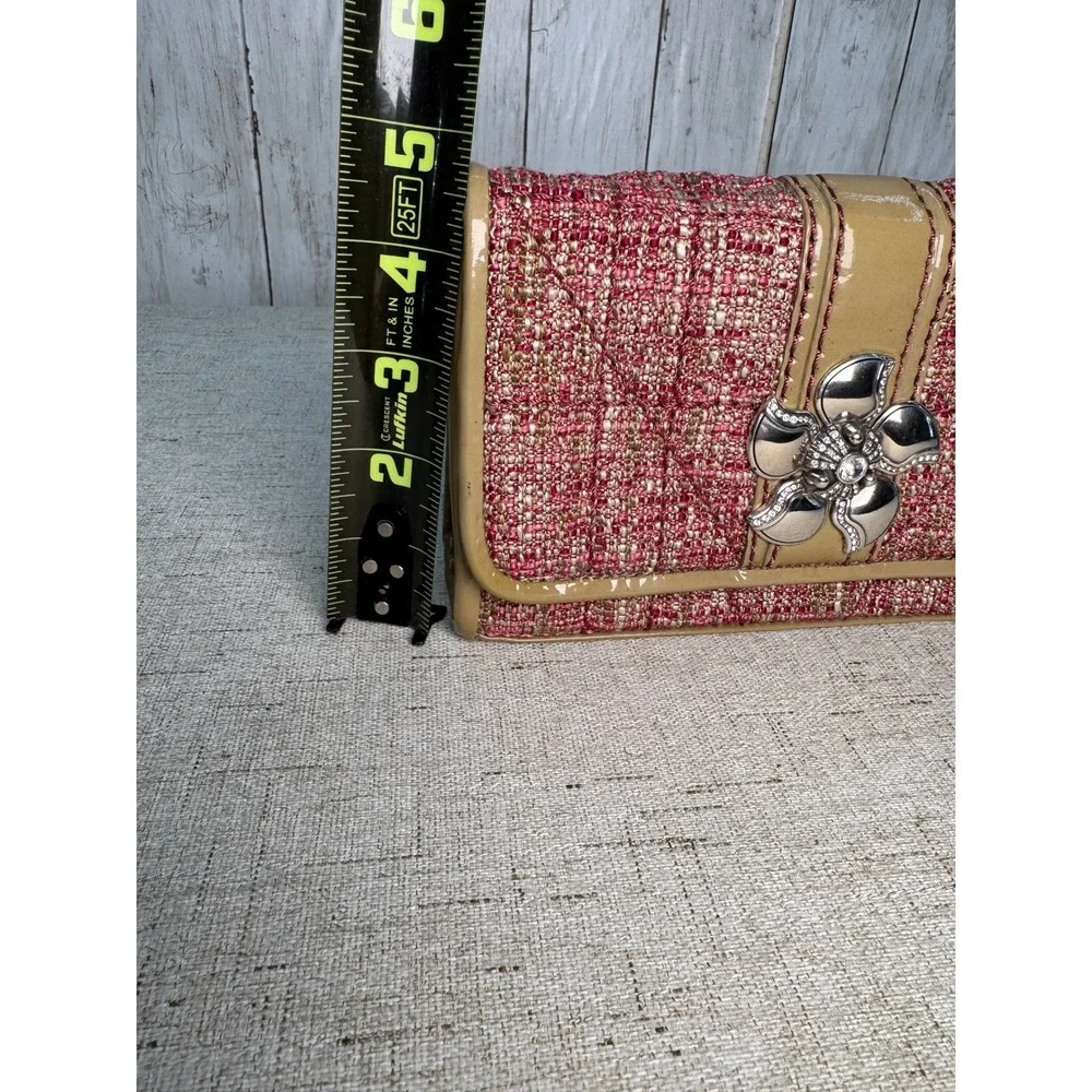 Brighton Tweed & Patent Leather Clutch Pink/Gold Silver Flower Brooch – No Strap - Picture 10 of 10
